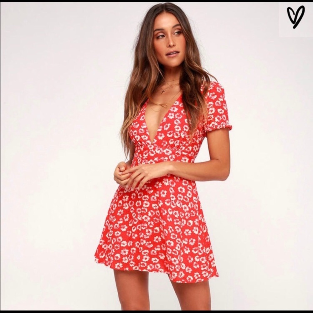Red floral print mini dress